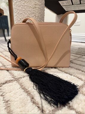 Lizzie Fortunato Beige Textured Crossbody Bag with Black Tassel